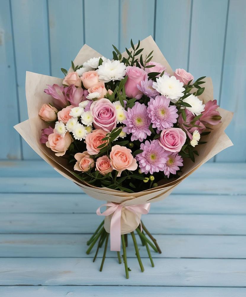 Букет цветов из: Хризантемы, Розы и Альстромерии в Лукино