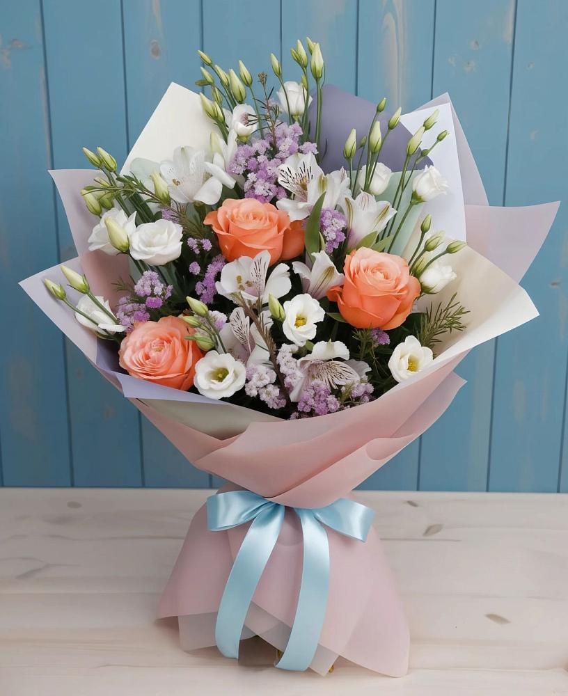 Букет цветов из: Лизиантусы, Розы, Альстромерии и Гипсофила в Лукино