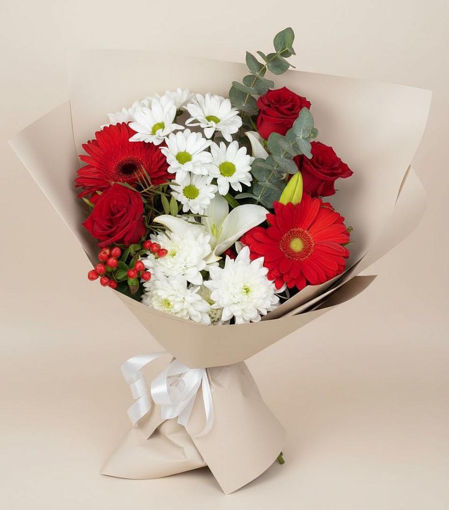 Букет цветов из: Розы, Хризантемы, Герберы и Лилии в Лукино